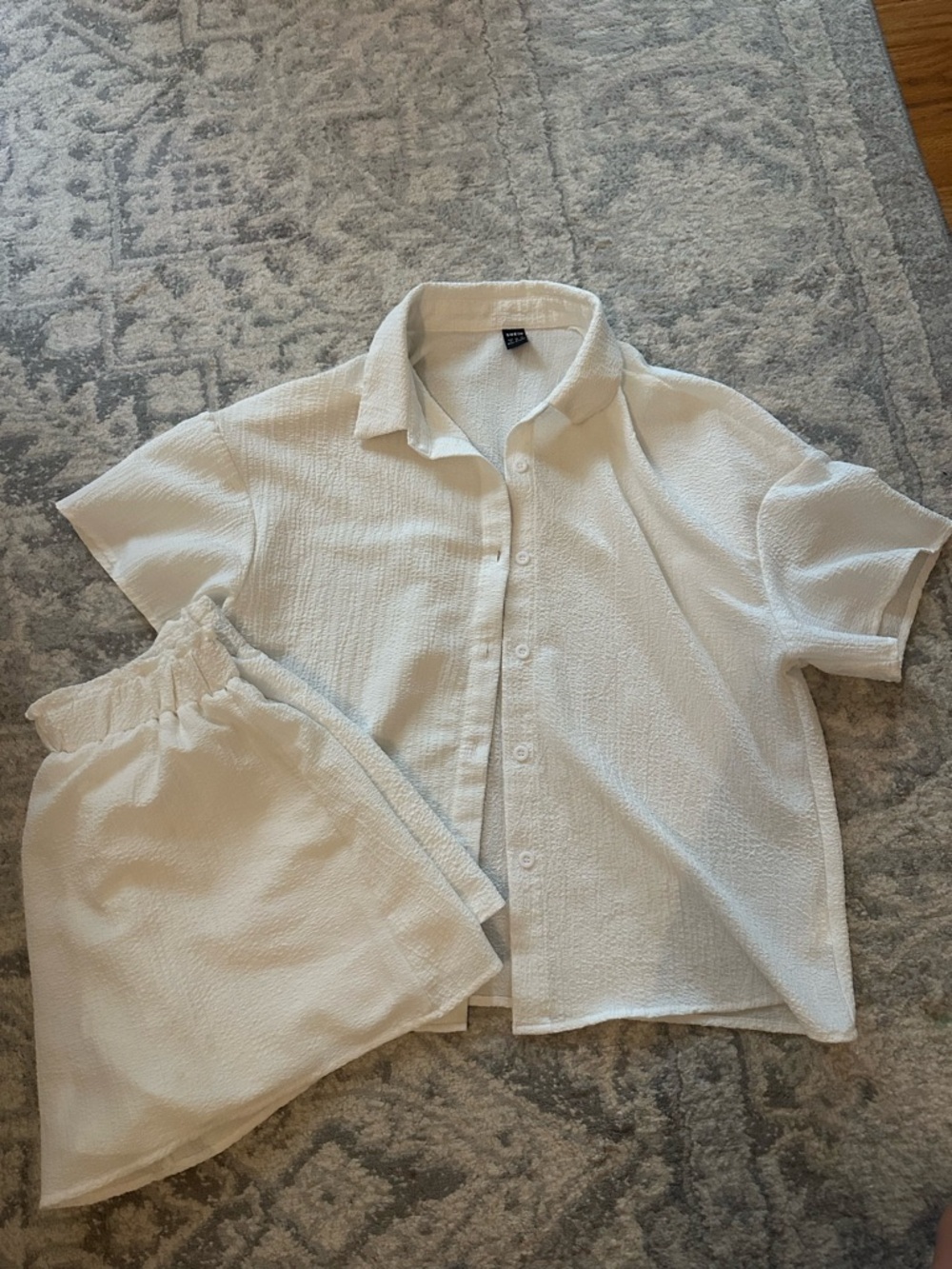 Textured White Two-Piece Shirt & Shorts Set